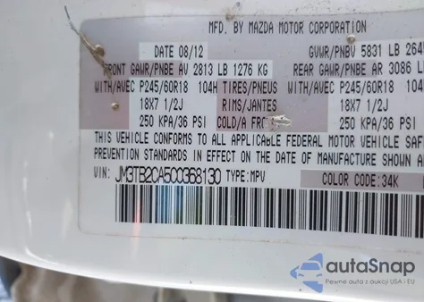 2012 Mazda Cx-9 Touring from USA, damaged, VIN JM3TB2CA5C0368130